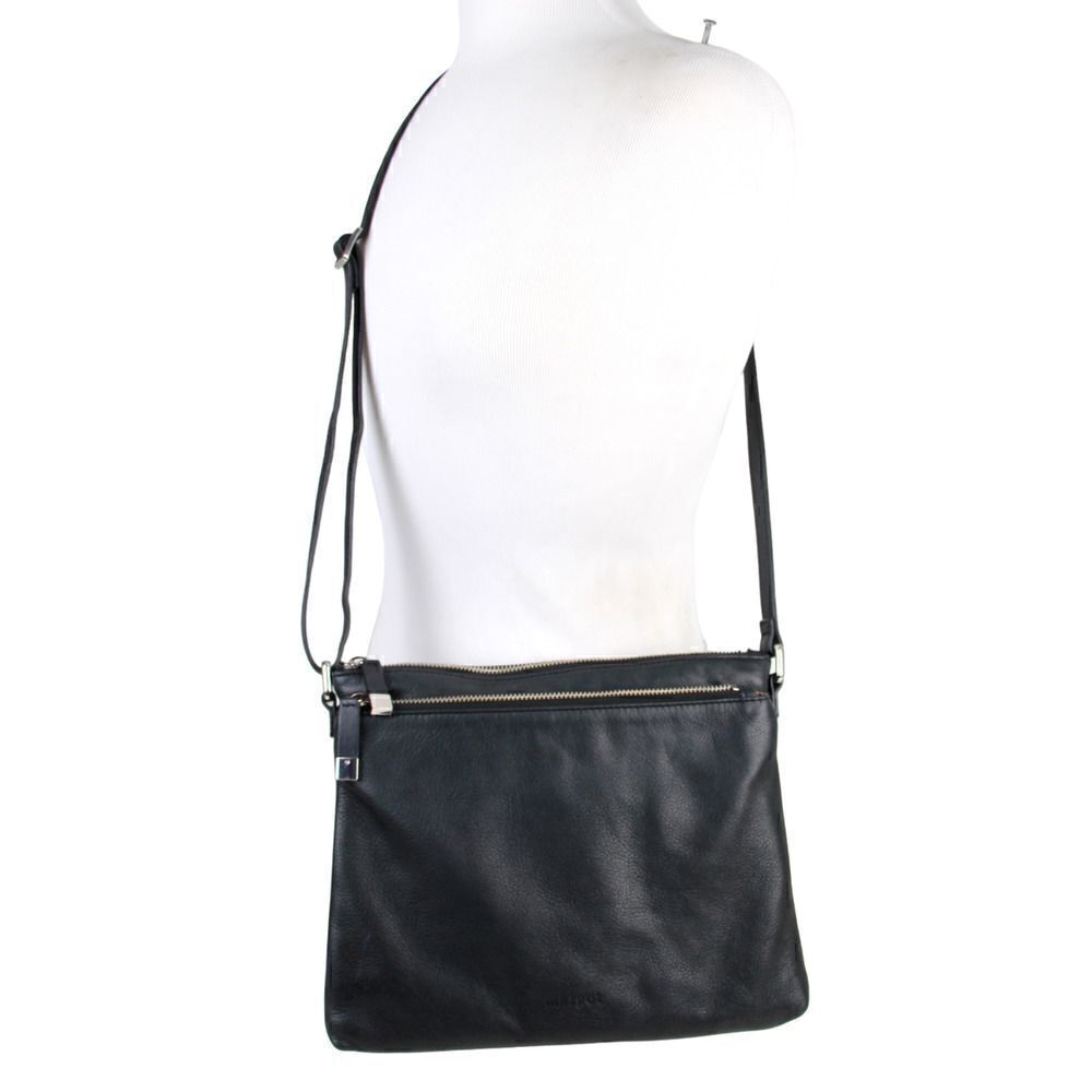 Margot BLACK GENUINE LEATHER ZIP POCKETS SHOULDER BAG X-BODY MESSENGER HANDBAG